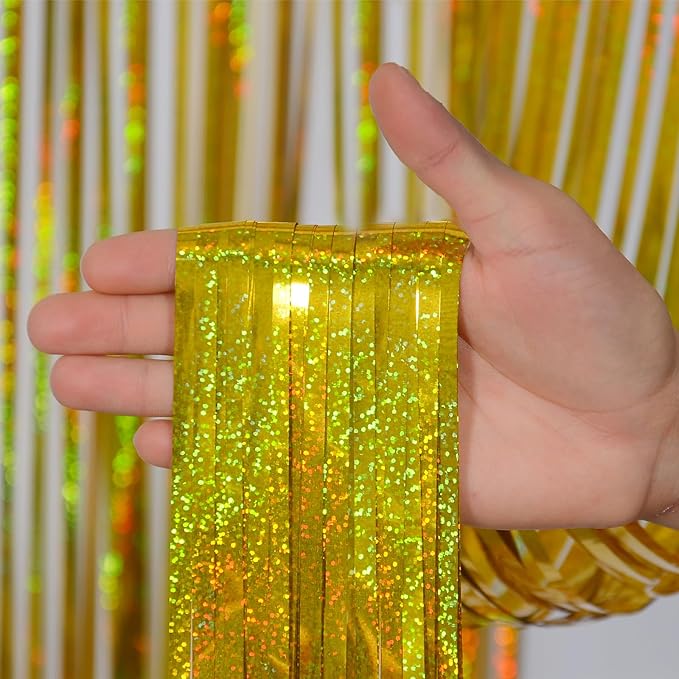 Gold Tinsel Curtain Backdrop – Melsan 2 Pack 3.2 ft x 8 ft Metallic Foil Fringe Curtains for St Patricks Party, Birthday Decorations, Graduation, Photo Booth Backdrop, Sparkle Gold Party Streamers