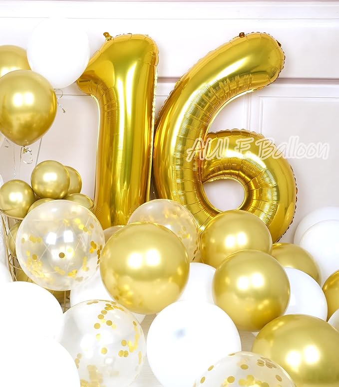 AULE 40 Inch Jumbo Gold Foil Mylar Number Balloons for Boy Girl 16th Birthday Party Decorations 16 Years Old Anniversary Party Supplies