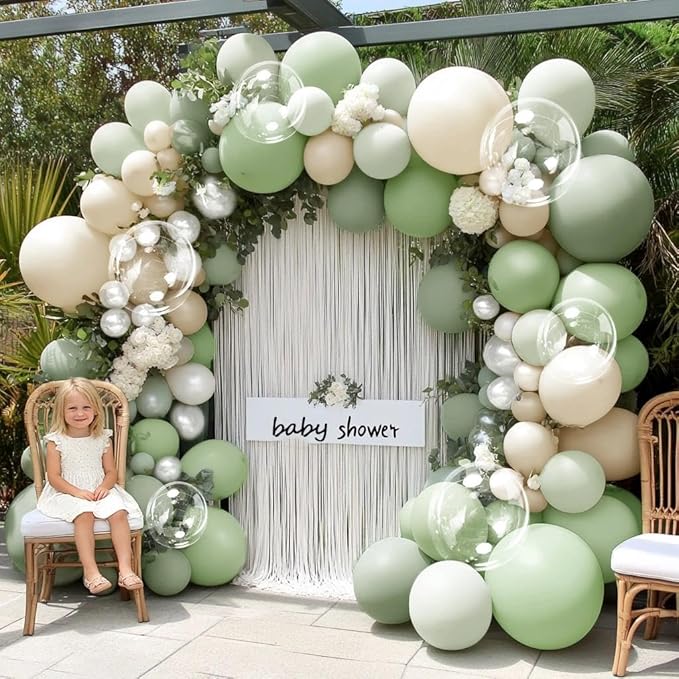 Dusty Green White Balloon Arch Double Stuffed Light Sage Green White Sand Pearl Balloon Garland Kit Olive Beige Cream Balloons for Baby Shower Birthday Bridal Wedding Woodland Wild One Party Decor