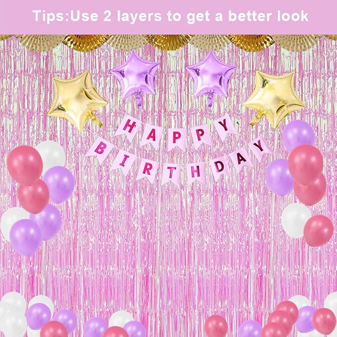 BEAYFILY 3 Pack Fringe Curtains Party Decorations,Tinsel Backdrop Curtains for Parties,Photo Booth Wedding Graduations Birthday Christmas Event Party Supplies (Rainbow Pink)