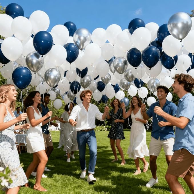 300 Pcs White Navy Blue and Silver Balloons 12 Inch Latex Assorted Color Bulk Balloon for Graduation Ceremony Birthdays Weddings Party Decorations
