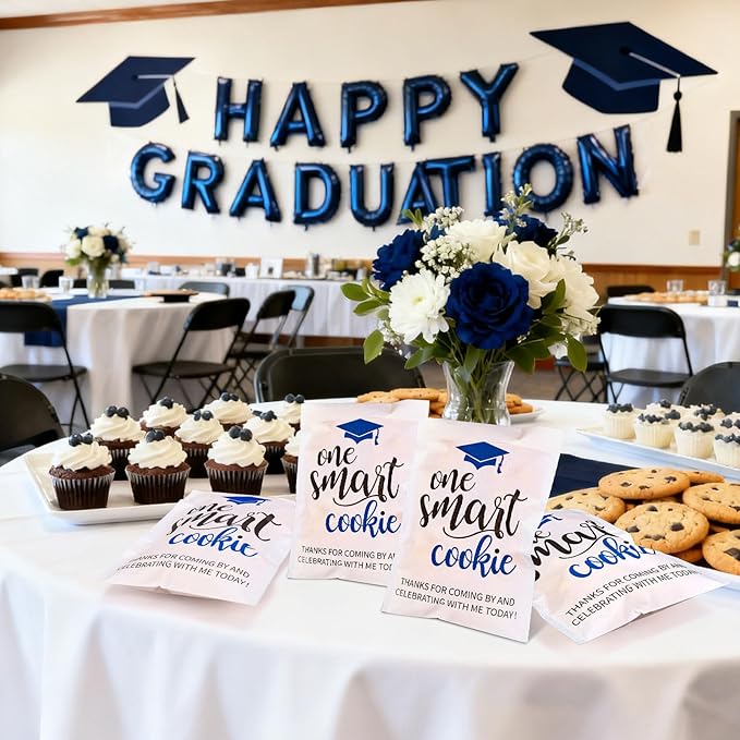 Whaline 100Pcs Graduation Cookie Treat Bags White-Blue One Smart Cookie Self Adhesive Buffet Paper Bags for Congrats Grad School Party Supplies, 5.1 x 7.1 Inch