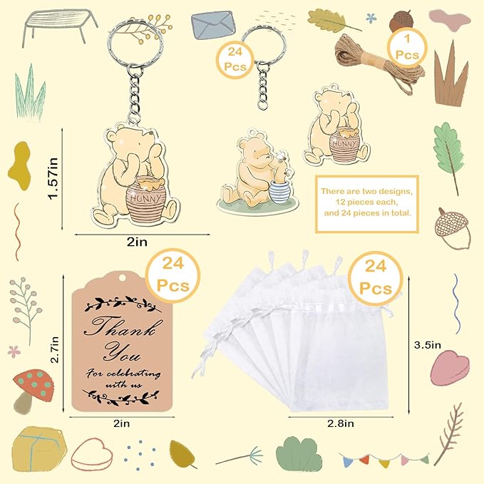 Winnie Baby Shower Decorations, 72 Pcs Winnie Party Favors, 24 Keychains, 24 Tags, 24 Gift Bags for Winnie Themed Baby Shower