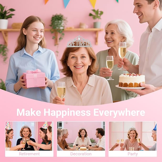 Retirement Party Decorations with Tiara and Sash for Women, Happy Retired Crown and Sash for Gift
