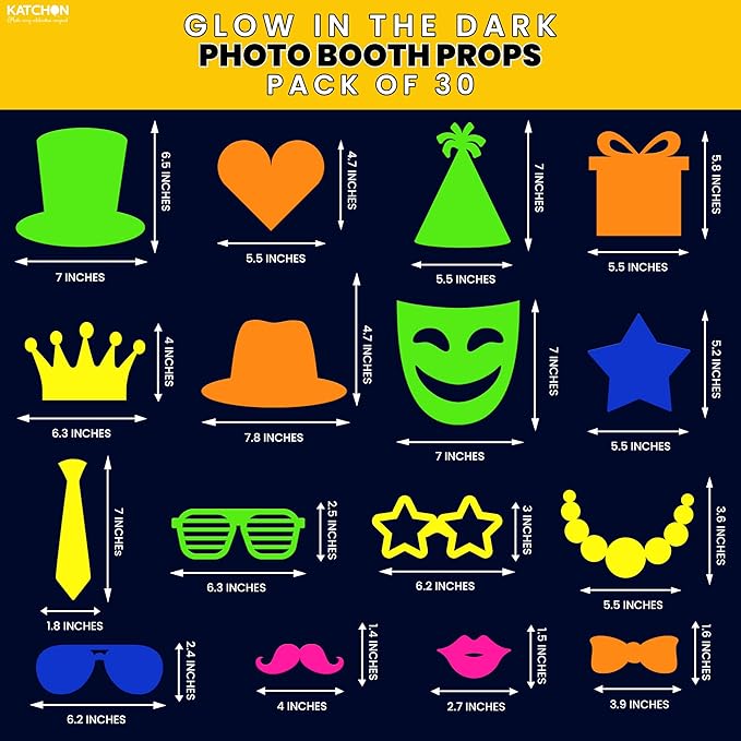 KatchOn, Glow in The Dark Photo Booth Props – Pack of 30 | Neon New Years Photo Booth Props, New Years Eve Party Supplies 2026 | Glow in The Dark Party Supplies | Neon Birthday Party Decorations