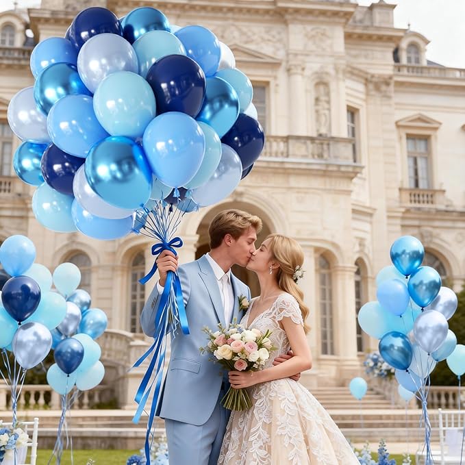Blue Balloons, 60Pcs 12 Inch Metallic Blue Navy Pearl Light Chrome Blue Latex Balloons for Birthday Graduation Father's Day Wedding Party Decoration