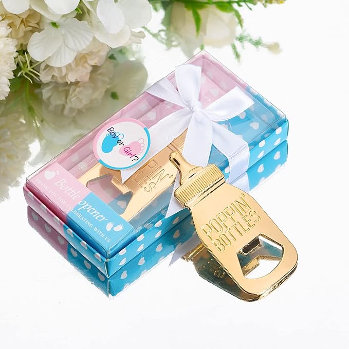 24Pack Baby Bottle Openers for Baby Shower Favors, Gifts, Decorations Souvenirs, Poppin Bottles Openers with Gifts Box used for Guests Gender Reveal Party Favors,Boy or Girl?Twin Party Supplies