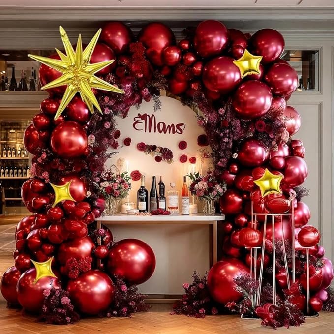 Burgundy Balloon Double Stuffed Latex Wine Red Explosion Star Balloon Arch Garland Different Sizes Maroon Balloons for Birthday Valentines Bridal Baby Shower Wedding Prom Party Decor