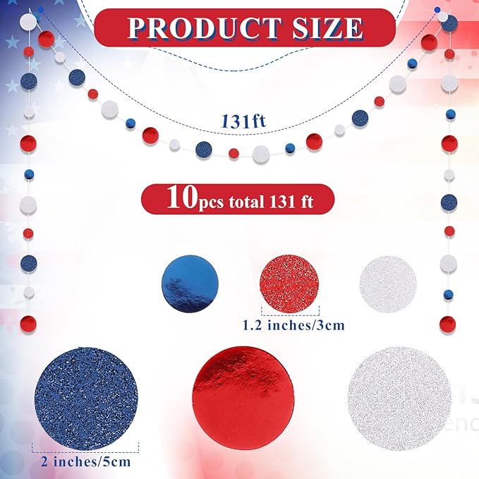 Outus 10 Pieces Blue,White,Red Round Dots Garland Easter Graduation Party Hanging Decor Each Length 13.1ft Glitter Paper Dot Streamers for Birthday Wedding Classroom