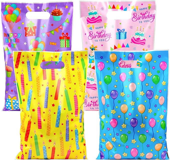ZYLOP 100pcs Birthday Party Favor Bags - Plastic Happy Birthday Goodie Loot Gift Bags for Kids Girls & Boys Birthdays Party Supplies, Packaging Candy Treat Toys and Party Favors (6.5 x 9.8 Inches)
