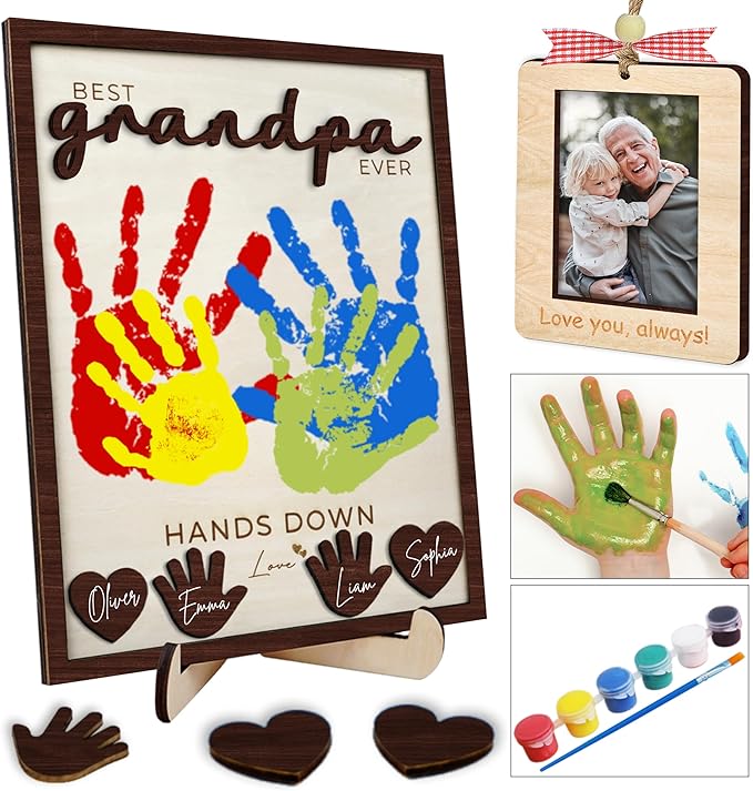 10" Hands Down Best Grandpa Ever DIY Handprint Kids Frame with Paints, Car Picture Holder, Photo Ornament, Fridge Magnet, Art Craft Family Keepsake Birthday Gift Father's Day for Pops, Papa HF610