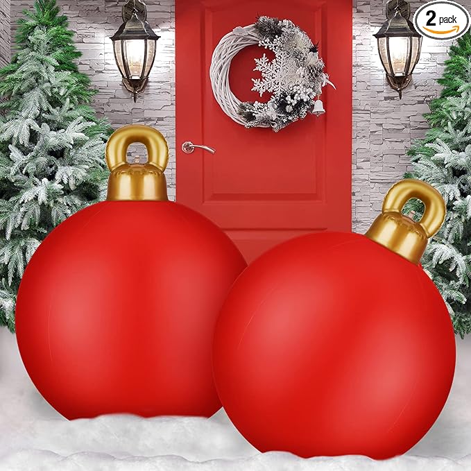 2 Pieces 32 Inch Giant PVC Inflatable Christmas Decorated Ball Ornaments Outdoor Large Xmas Blow Ball Decorations for Christmas Themed Party Ornaments(Solid,Red)