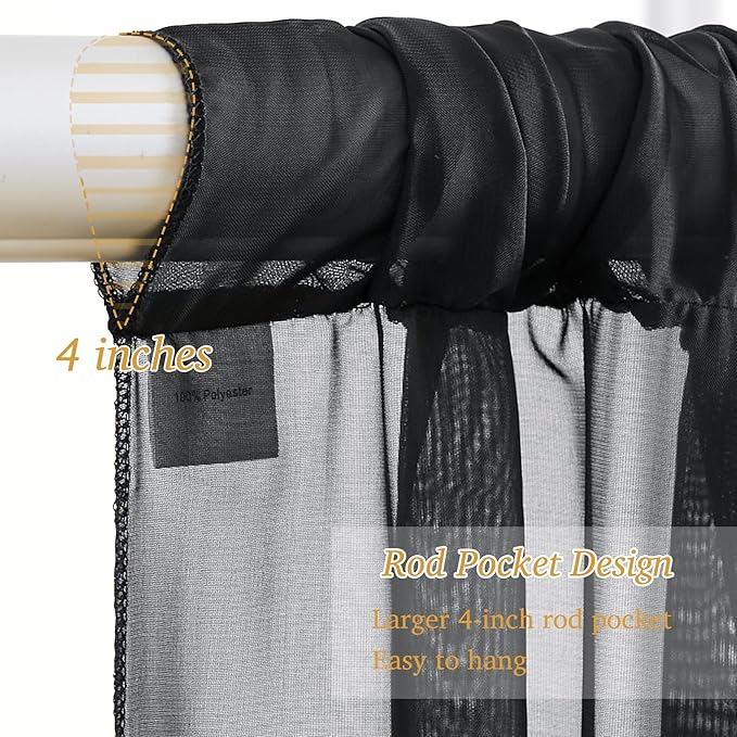 10x10ft Black Chiffon Backdrop Curtain with Lights String for Wedding Sheer Tulle Curtain Photo Backdrops Drapes for Baby Shower Birthday Party Home Ceremony Decorations
