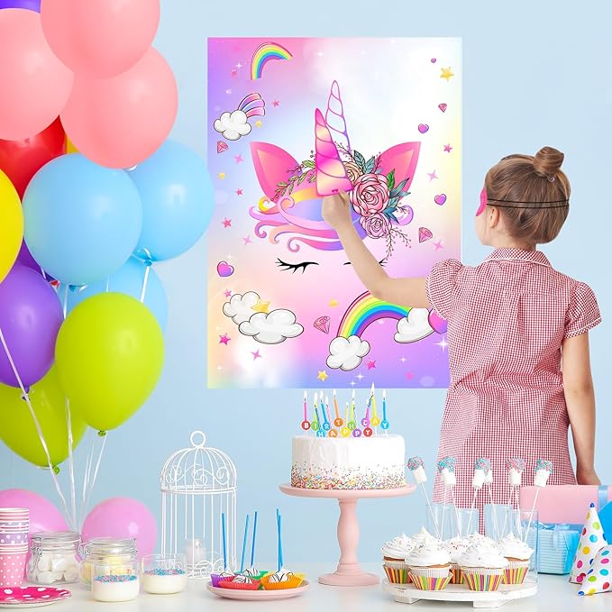 NEBURORA Pin The Horn on The Unicorn with 30 PCS Horns Birthday Party Supplies for Girls Birthday Christmas Party Game for Kids