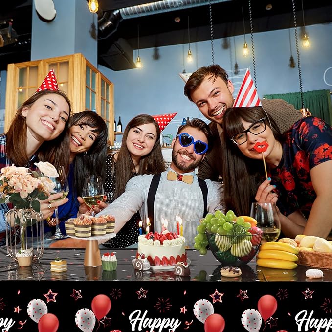 Breling Birthday Party Supplies Confetti Sprinkles Happy Birthday Tablecloths Starry Table Covers for Party Decorations, 54 x 108 Inches(Red and Silver,6 Pack)