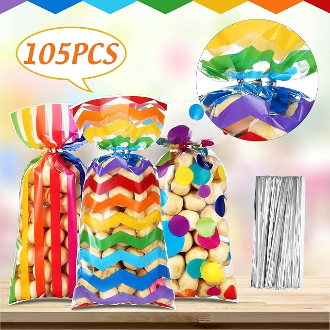 105 Pcs Rainbow Cellophane Treat Bags Bulk Rainbow Party Favor Goodie Gift Bags with Twist Ties for Candy Cookie Birthday Classroom Wedding Anniversary Baby Shower Party Supplies