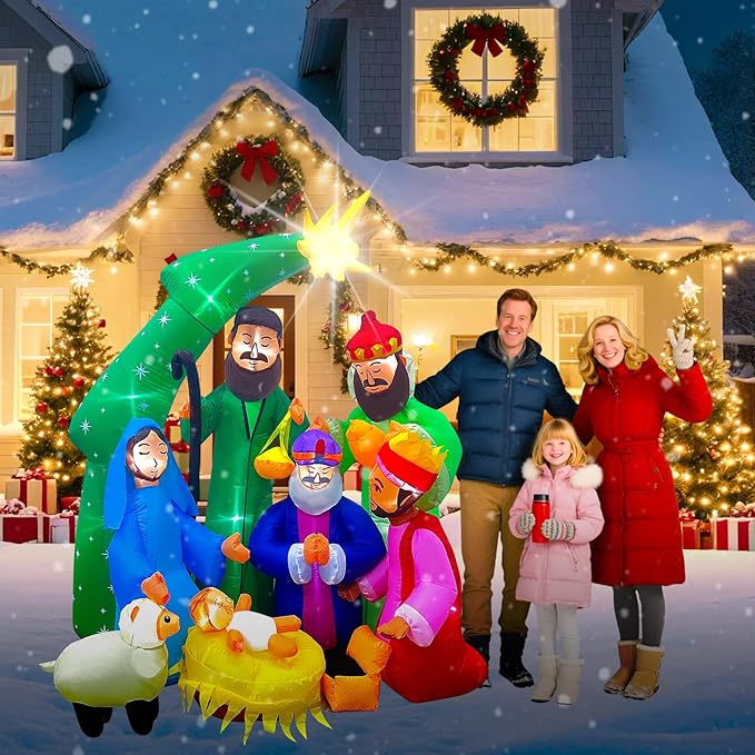 EAONE 7FT Christmas Inflatable Nativity Scene Outdoor Decorations, Christmas Blow Ups Yard Decorations Nativity Sets with 1.5 Meter String Lights for Garden Lawn Xmas Holiday Decor