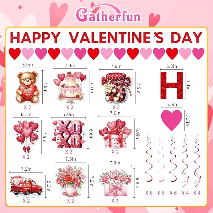 Valentines Day Decorations Set - Heartwarming Valentine's Day Banner & Hanging Swirls for Home, Office, Classroom Indoor, Anniversary & Valentine's Day Party Supplies