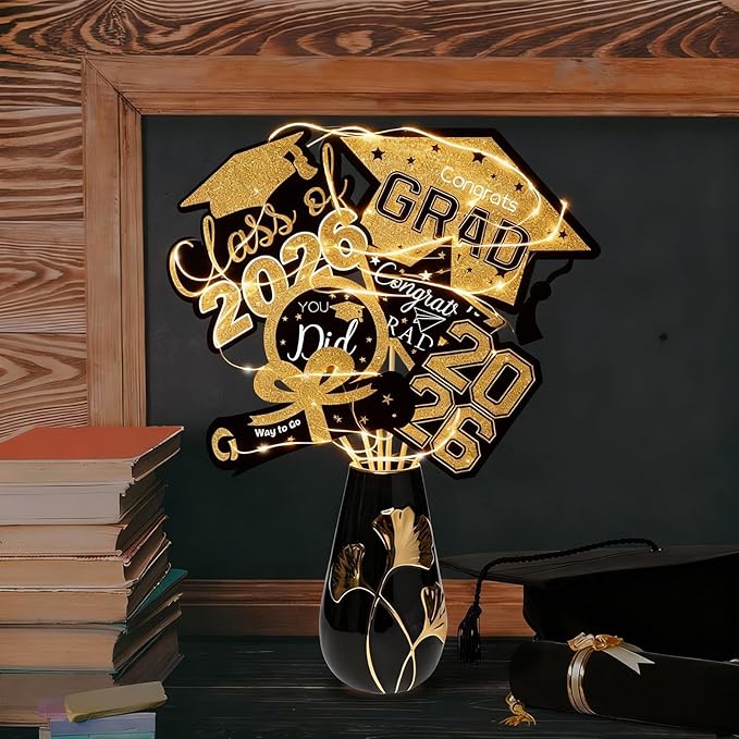 OuMuaMua Graduation Decorations Class of 2026-30pcs Black and Gold Graduation Table Centerpieces Sticks Table Toppers with Lights for College High School Congrats Grad Party Supplies