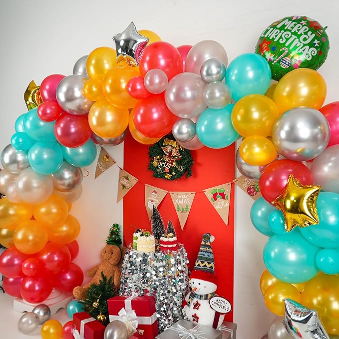 Christmas Balloon Arch Kit, Pearl Red Teal Blue Gold Silver Balloons Garland Arch with Metallic Silver Balloons, Round Garland Santa Claus Stars foil Balloon for Christmas New Year Party Decorations
