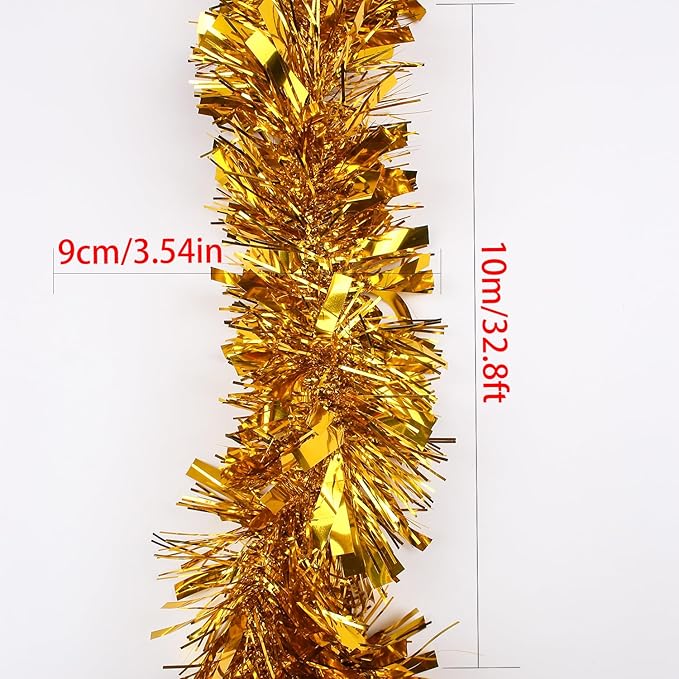 33FT Christmas Tinsel Garland,Gold Shiny Metallic Foil Decorations for Parade Floats, Halloween, Christmas Tree, New Year Parties,Birthday Party,Indoor and Outdoor Disco Party Supplies