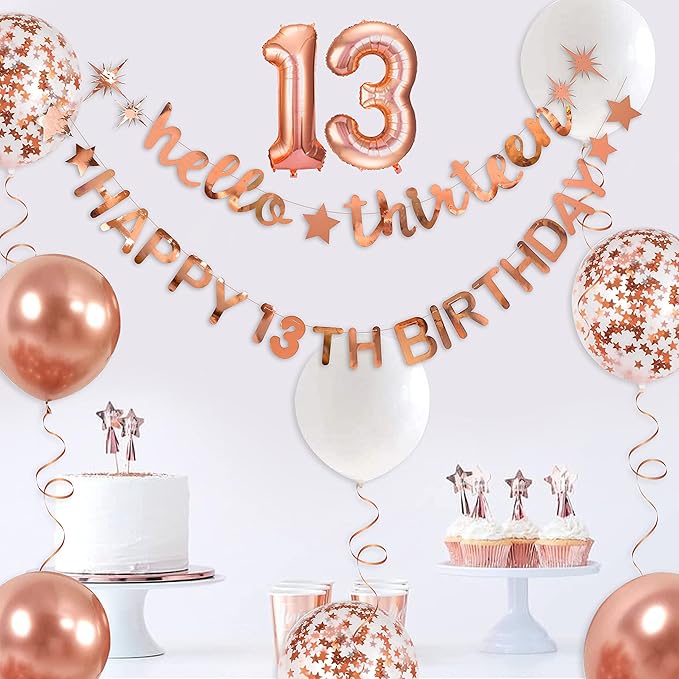 Rose Gold Hello Thirteen Happy 13th Birthday Banner Garland Foil Balloon 13 for 13 Birthday Decorations Official Teenager 13th Birthday Decor for Teen Girls 13 Year Old Birthday Party