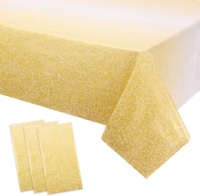 Kesfey 3 Packs Ombre Gold Plastic Tablecloth 54 x 108 Inch Gradient Pastel Gold Sequin Table Cloths Rectangle Disposable Waterproof Yellow Sprinkle Glitter Table Covers for Birthday Party Decorations