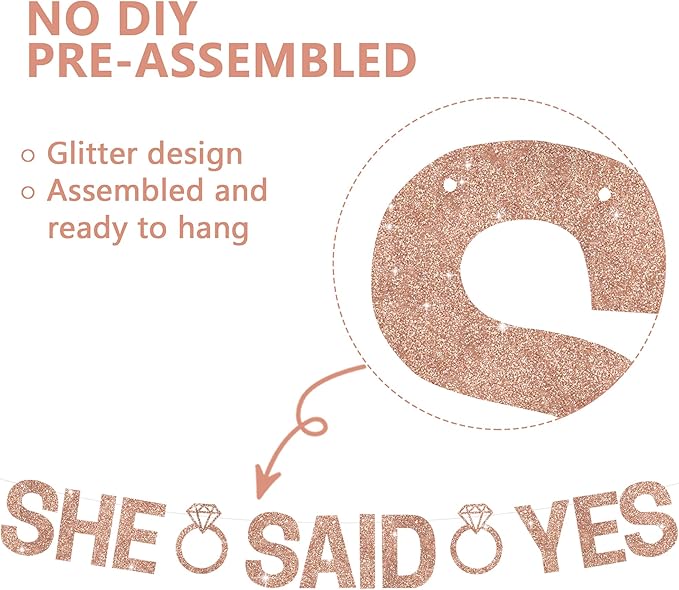 Glitter Rose Gold She Said Yes Banner Pre-Strung Engagement Decorations Bridal Wedding Party Sign Valentine's Day Garland Bachelorette Party Decor,NO DIY