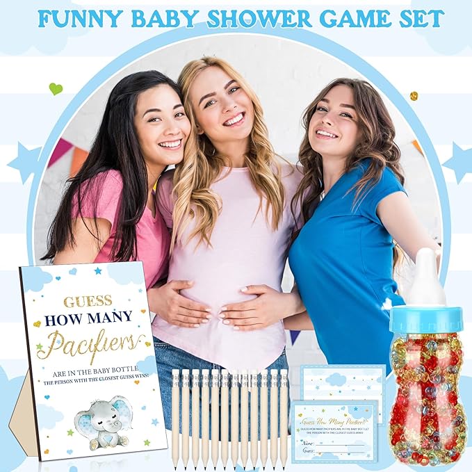 Syhood Blue Color Elephant Theme Baby Shower Games Guess How Many Pacifiers Game Sign 50 Small Guessing Games 20 HB Pencils 750 ml Milk Bottle 400 Pacifiers Decorations Guests Gender Reveal Party