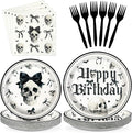 Grencian 96Pcs Gothic Birthday Party Supplies Goth Skeleton Birthday Paper Plates and Napkins Tableware Sets Black Bow Skull Decorations Favors for Kids Girls Halloween Horror Bday Party Serves 24