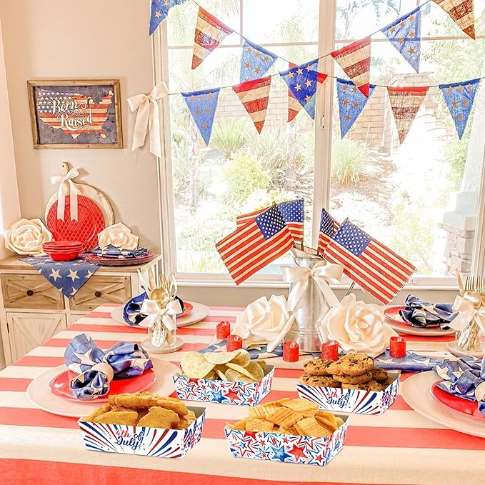 4th of July Paper Food Trays 24pcs Patriotic Red White Blue Disposable Snack Candy Holder Trays For Independence Day Theme Party Decorations