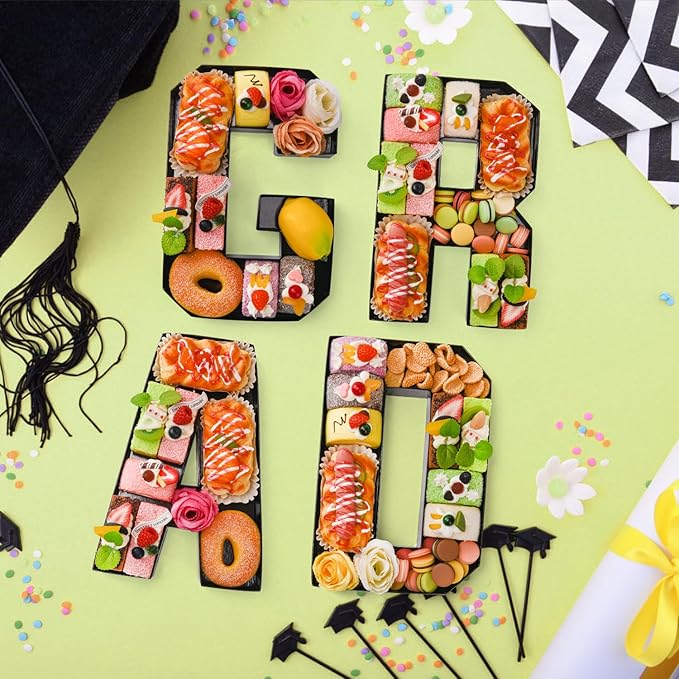 GRAD Set Cardboard Letter for Charcuterie 10.2'' Black Grad Fillable Tray Charcuterie Paper Box for Graduation Party Decorations Chocolate Candy Cupcake Container