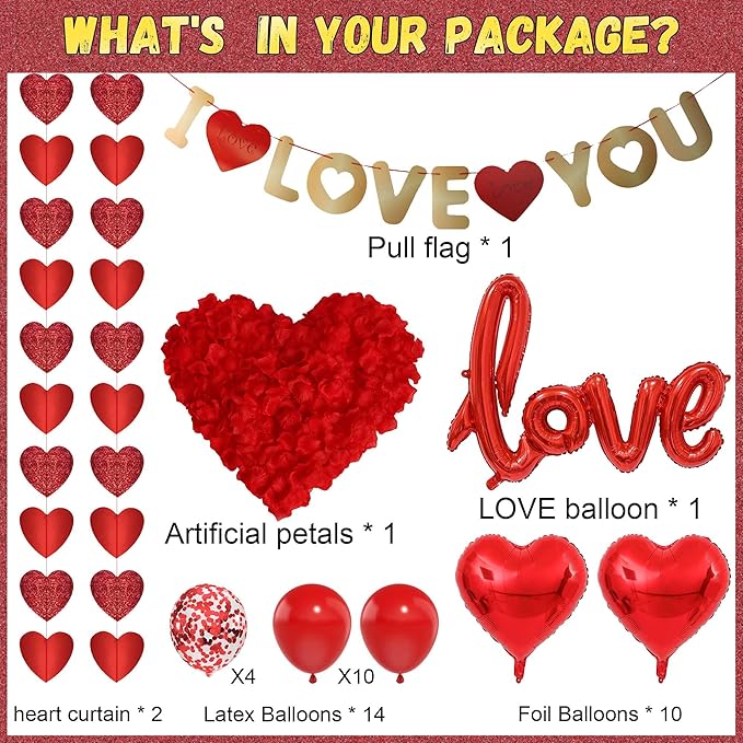 Anniversary Romantic Decorations Heart Balloons - 29Pcs Gold I Love You Banner Red Heart Balloon and Rose Petals For Engagement Wedding Anniversary Valentines Day Decor Supplies