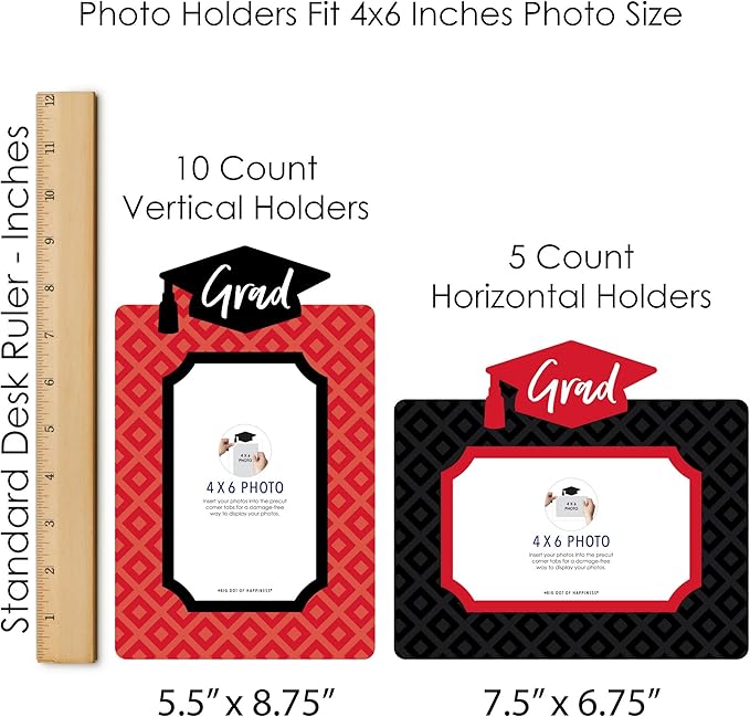Big Dot of Happiness Red Graduation Photo Display Centerpiece Kit - 15 Double-Sided Photo Table Topper Sticks, Vertical and Horizontal 4x6 Picture Holders, DIY Party Decoration Set
