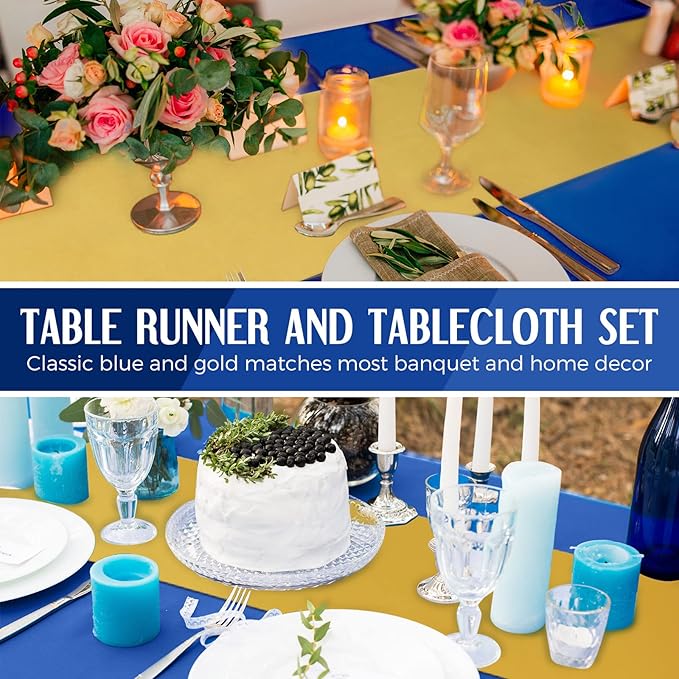 Breling 24 Packs Navy Blue and Gold Disposable Plastic Tablecloths and Satin Table Runner Set, 54 x 108 Inch Tablecloth, 12 x 108 Inch Table Runners for Wedding Graduation Birthday Baby Shower