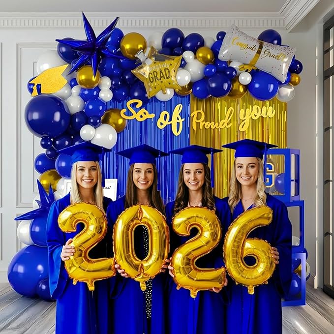 Blue and gold Graduation Decorations 2026 Set of 4 GRAD Balloon Boxes with Balloon Arch Garland Kit mylar balloons and shimmer Fringe Curtains So Proud of You 2026 prom Graduation Decorations