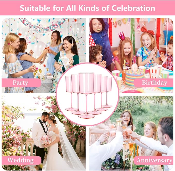 Ciaell 12 Pack Pink Plastic Wine Glasses - 10 Oz Disposable Wine Glasses with Stem for Parties & Weddings & Poolside & Outdoors & Camping & Easter