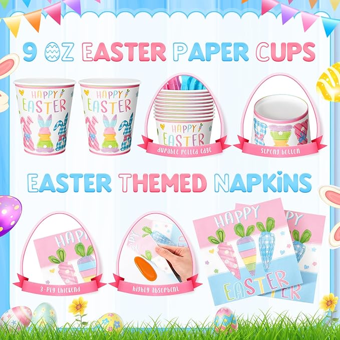 Honeydak 210 Pcs Happy Easter Party Supplies for 30 Guests, Includes Colorful Bunny Plates, Cups, Napkins, Cutlery - Cute Rabbit Carrot Tableware Decoration for Baby Shower Easter Party