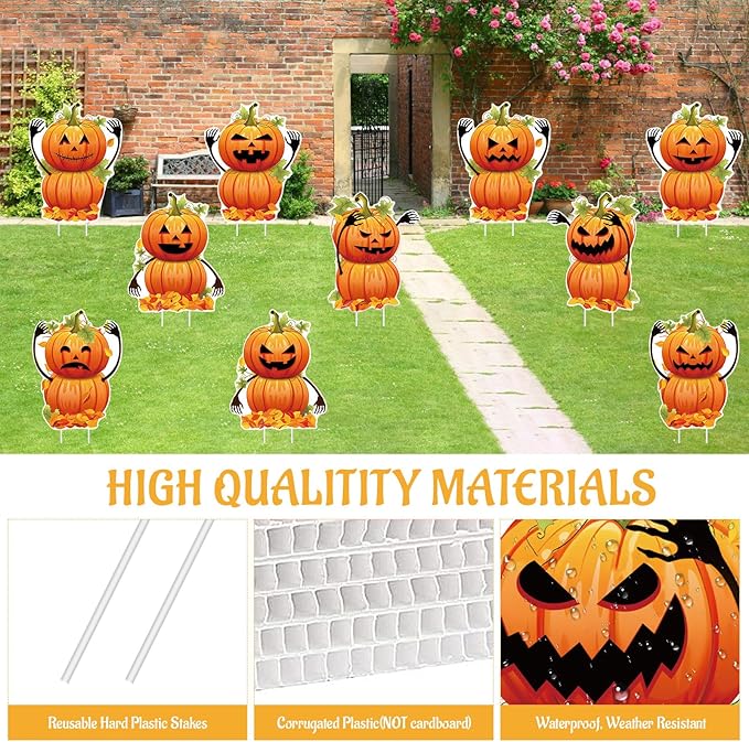 10 PCS Halloween Pumpkin Yard Signs with Stakes, Waterproof Pumpkin Ghost Lawn Signs, Trick or Treat Party Garden Outdoor Decorations, 10 Cute Scary Styles