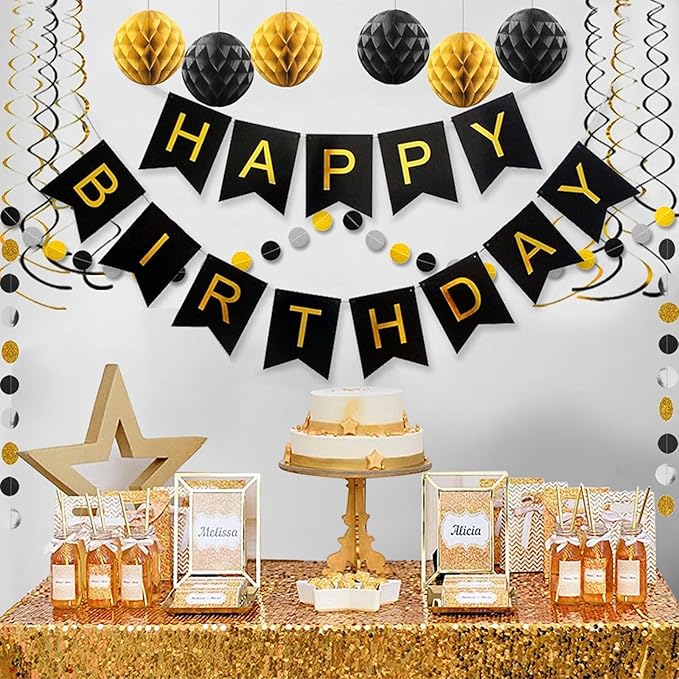 Gold and Black Birthday Decorations,Black and Gold Happy Birthday Banner,Gold Happy Birthday Decorations for Men,Women,Boys and Girls