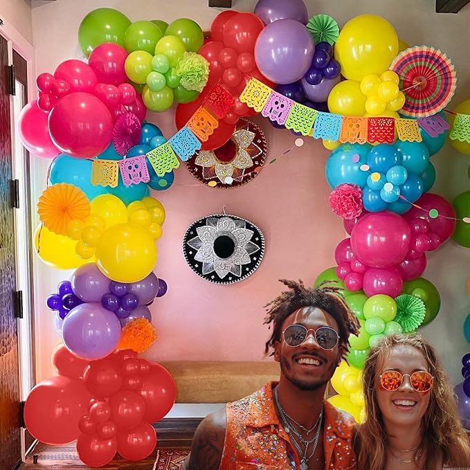 139Pcs Colorful Mexican Cinco De Mayo Balloon Kit With Mexicana Papel Picado Fiesta Banner for Día De Muertos, Loteria Taco Bout Baby Shower My First Birthday Party Decoración