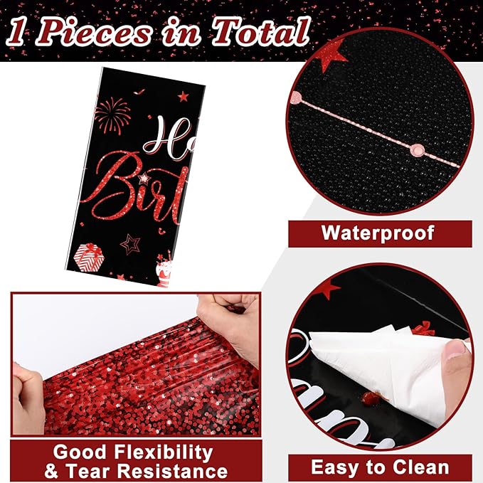 Tudomro 1 Pcs Happy Birthday Tablecloths Happy Birthday Party Decorations Plastic Table Cover Rectangular Cloths for Women Men Baby Shower Party Supplies, 108 x 54 Inch (Black Red)