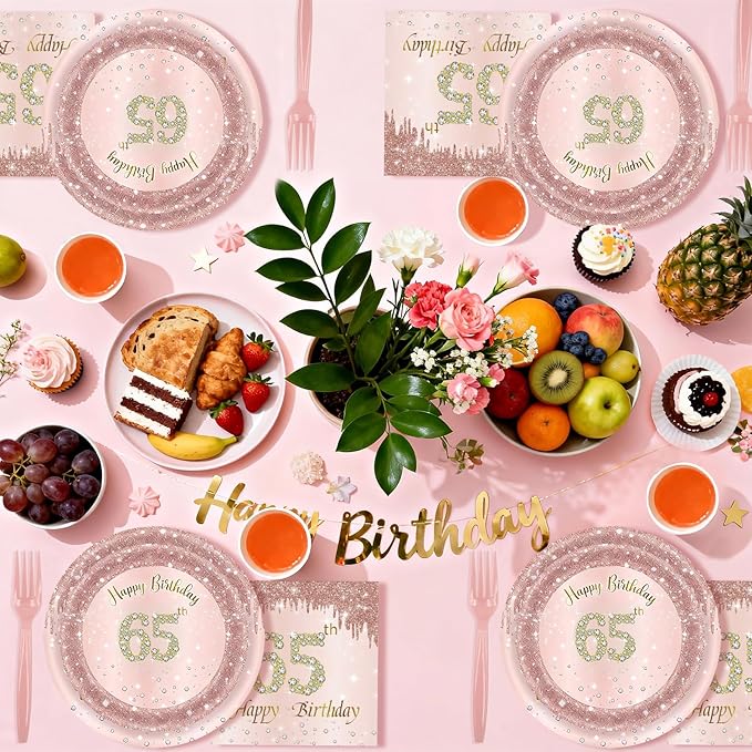 121Pcs 65th Birthday Party Supplies Plates Napkins Cups Forks Tablecloth Rose Gold Happy 65th Birthday Themed Disposable Tableware Decorations Serves 24 Guests for Women Ladies 65 Years Old Birthday