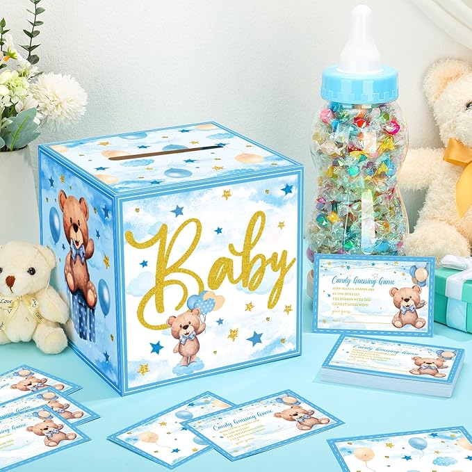 Glenmal 52 Pcs Baby Shower Games Gift Sets Large Baby Bottle for Shower Game Guess How Many Candies Decorations for Gender Reveal(Bear)