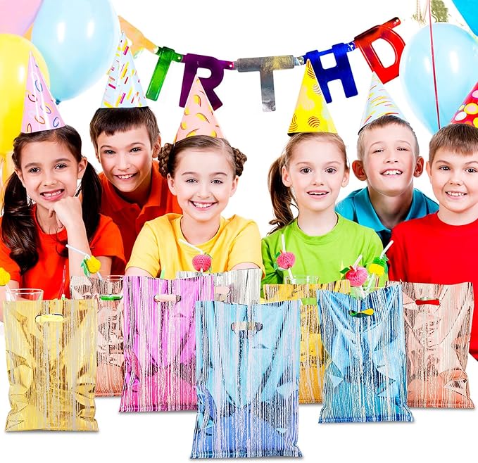 50 Pcs Birthday Party Favor Bags, Stripe Goodie Candy Bags with Handles for Kids Baby Girls & Boys, Party Treat Plastic Loot Gift Bag Bulk for Baby Showers Weeding