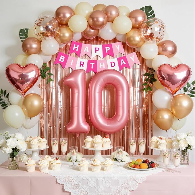 10th Birthday Decorations for Girls, Rose Gold and Hot Pink Double Digits Party Supplies with Happy Birthday Banner, Number 10 Balloon and Foil Fringe Curtains