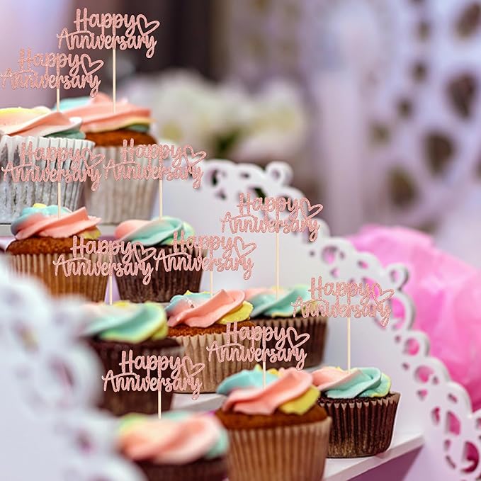 24 PCS Happy Anniversary Cupcake Toppers Glitter Wedding Anniversary Cupcake Picks Decorations for Wedding Anniversary Birthday Party Supplies Rose Gold