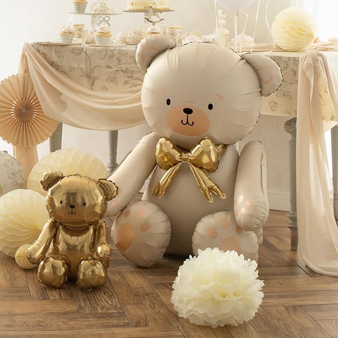 Giant Teddy Bear Foil Balloon PartyDeco 29.5x33 Inch – Cute Cream Bear Balloons with Gold Bow for Baby Shower, Birthday Kids, Gender Reveal Neutral Party Decor