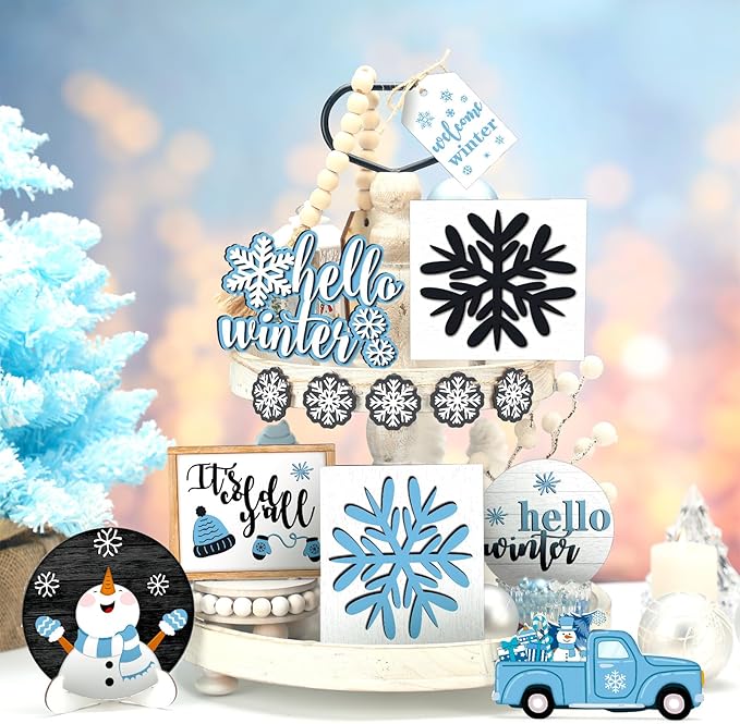 Winter Tiered Tray Decor Winter Snowman and Snowflakes Wooden Signs Farmhouse Tiered Tray Decorations Set Wood Table Decor for Holiday Home Kitchen(Retro Style)
