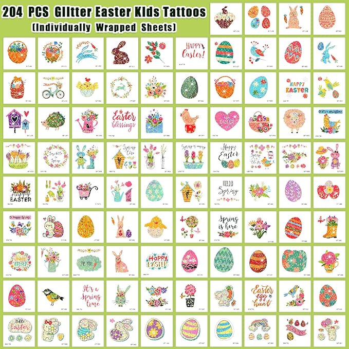 Partywind 204 PCS Glitter Easter Party Decorations for Kids Tattoos, Easter Party Supplies, Easter Basket Essentials Goodie Bag Stuffers for Boys Girls, Egg Hunt Games (Individually Wrapped Cut)